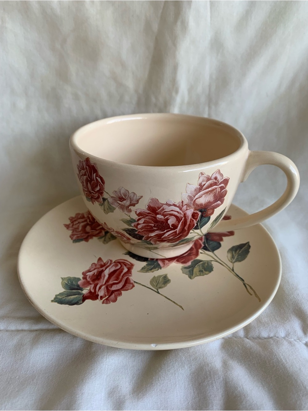 Cream Teacup and Saucer Set with Red Rose Motif